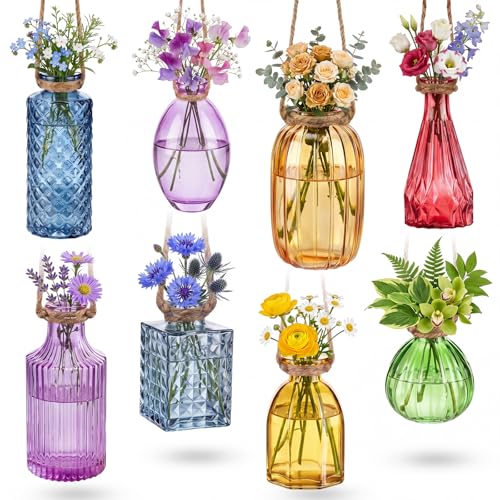 8 Pcs Stained Glass Hanging Propagation Vases with Rope Hanging Glass Planer Small Terrarium Pot Containers for Air Plants Flower Hydroponic Plants Garden Home Wedding Wall Decor (Tall,Colorful) - color: Colorful, size: Tall