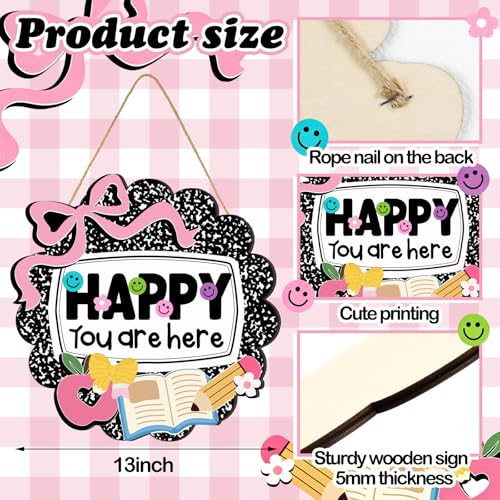 Kajaia Teacher Classroom Door Sign Back to School Notebook Composition Decor 13 in Wooden Smile Face Preppy Welcome Door Sign Happy You Are Here Teacher Gift for First Day of School Preschool Wall