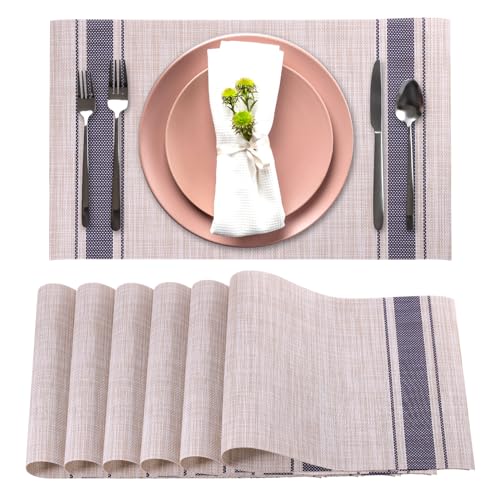 Heat Resistant Placemats Set of 6 Wipeable Washable Non-Slip Stain Proof Easy Clean Durable Kitchen Vinyl Woven Plate Mats for Dining Table, Patio Table, Flaxen - color: Beige