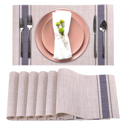 Heat Resistant Placemats Set of 6 Wipeable Washable Non-Slip Stain Proof Easy Clean Durable Kitchen Vinyl Woven Plate Mats for Dining Table, Patio Table, Flaxen - color: Beige