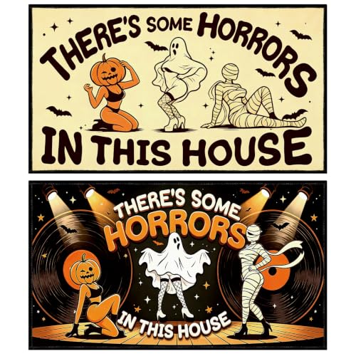 Halloween Door Mat Non Slip Set of 2, Funny Welcome Front Doormats Outdoor, There Some Horrors in This House Door Rug Entryway Decor(28 X 16 Inches) - color: There Some Horrors in This House