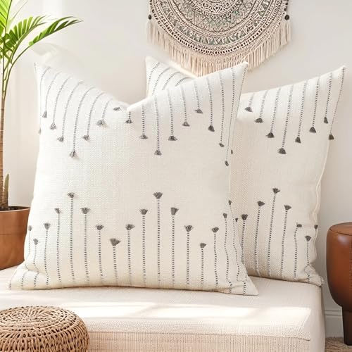 ZONYO Throw Pillow Covers 20x20 Set of 2, Textured Woven Cotton Decorative Cushion Covers with Fringe Tassel, Fade Resistant Washable for Couch Sofa Bed Patio, Boho Farmhouse Modern Decor, Grey - color: Grey, size: 20" x 20" (Pack of 2)