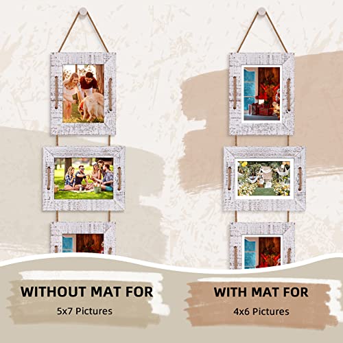 5x7 Collage Picture Frames, 3 Opening, Solid Wood, White, 2 Pack | Wall-Mounted Hanging Design, Displays 4x6 Photos with Mat or 5x7 Photos Without Mat, Three-Opening Layout - color: Rustic White