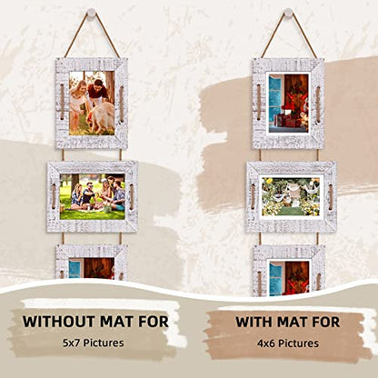 5x7 Collage Picture Frames, 3 Opening, Solid Wood, White, 2 Pack | Wall-Mounted Hanging Design, Displays 4x6 Photos with Mat or 5x7 Photos Without Mat, Three-Opening Layout - color: Rustic White