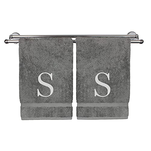 Monogrammed Hand Towel, Personalized Gift, Set of 2- Silver Block Letter Embroidered Towel - Extra Absorbent 100% Turkish Cotton - Soft Terry Finish - Initial S Gray - color: Gray & Silver, size: Initial S