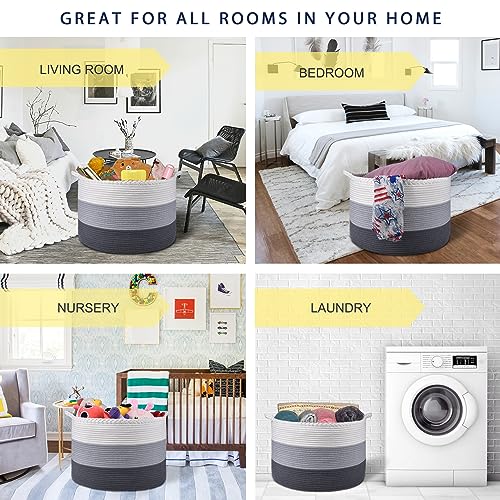 COMSE Large Woven Blanket & Laundry Basket, 87L, White & Gray | 21.7" x 13.8", Cotton Rope, Nursery Hamper for Storage of Toys Clothes Towels, Ideal for Living Room Bedroom Bathroom - color: White & Light Gray & Dark Gray