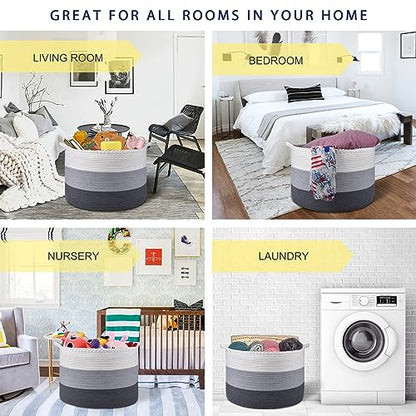 COMSE Large Woven Blanket & Laundry Basket, 87L, White & Gray | 21.7" x 13.8", Cotton Rope, Nursery Hamper for Storage of Toys Clothes Towels, Ideal for Living Room Bedroom Bathroom - color: White & Light Gray & Dark Gray