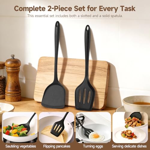 2-Pack Silicone Spatula Set, Heat Resistant Spatulas for Baking & Mixing, BPA-Free Solid & Slotted Turner for Non-Stick Pans, Kitchen Utensils for Scraping, Sauteing and Flipping (Black) - color: Black