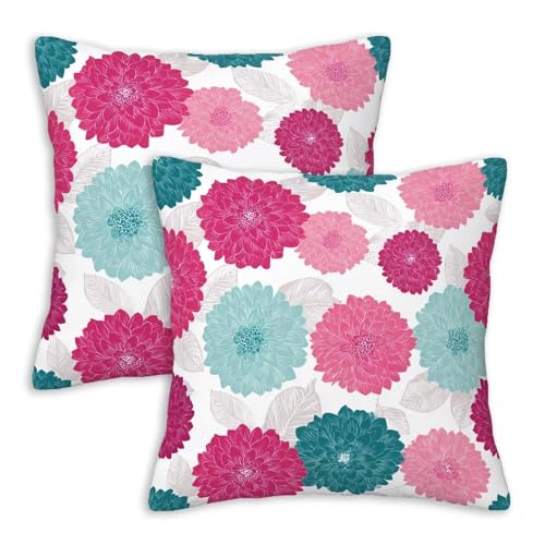 Floral Throw Pillow Covers 18x18 Set of 2 | Pink Blue Botanical Cushion Cases | Spring Summer Decorative Pillow Covers for Couch Sofa Bedroom Living Room | Hidden Zipper - color: Dahlia Floral