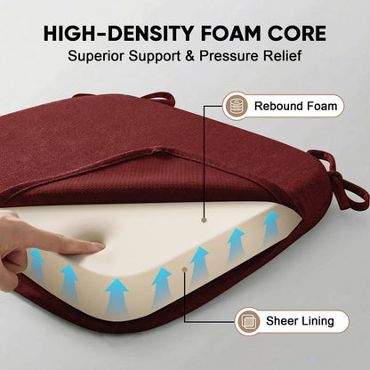 D-Shaped Chair Cushions Set of 1, Chair Pads with Ties, 17" x 16" | 2" Thick Non Slip Seat Cushion for Dining & Kitchen Chairs, 40D Foam, Removable Washable Cover, Burgundy - color: Burgundy