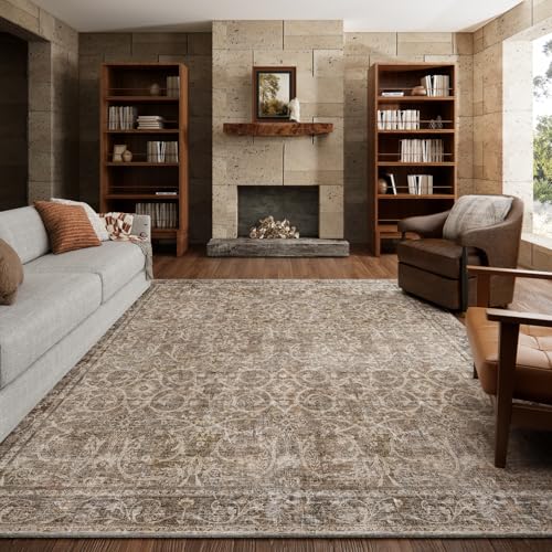 Machine Washable Rugs for Living Room: 6x9 Area Rugs for Bedroom | Ultra Soft,Non-Slip,Low Pile,Vintage Distress,Boho,Large,Carpet,High-Traffic,Dining Room,Nursery,Farmhouse Decor - color: Brown/Camel/Multi, size: 6' x 9' (Rectangular)