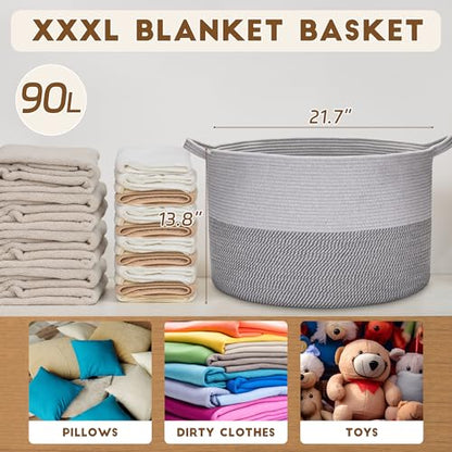XXXLarge Woven Cotton Rope Basket (21.7" x 13.8") 90L – Blanket Basket for Living Room, Laundry Hamper, Baby Laundry Hamper, Toy Storage, Pillows & Cushions Organizer (Mixed Grey) - color: Mixed Gray
