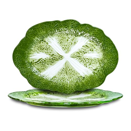 KXZ 2-Piece Green Ceramic Cabbage Plates, 13.5 inch. Versatile for Sushi, Snacks, Appetizers, Salads, Desserts. Microwave & Oven Safe, Stylish Dinnerware for Parties, Restaurants. Fun Kitchen Trays. - color: Green, size: 13Inch*9Inch
