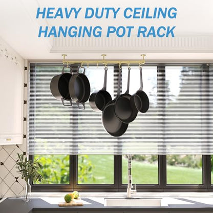 ROTHLEY Stainless Steel Hanging Pot Rack Hanger: 23.7 Inch Brass Pot and Pan Hanger Wall Mounted Hanging Pot Bar Rack Heavy Duty Pot Hangers Kitchen Rail with 8 S Hooks - color: Brass, size: 23.7 inch