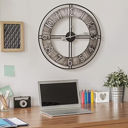 Sorbus Large Wall Clock, 24" Decorative for Kitchen, Bedrooms, Office, Analog Modern Farmhouse Style. Silent, Round Chunky Number, Home Decor, Quartz Battery Operated, Gray Metal