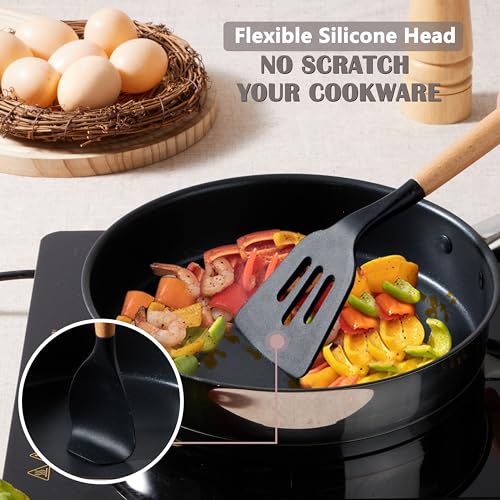 E-far Silicone Cooking Utensils Set, 5-Piece Black Kitchen Utensils Set with Wooden Handle for Cooking, Silicone Kitchen Nonstick Tools Spatula Turner Slotted Spoons, Nontoxic & Heat Resistant-Black - color: Black, size: 5