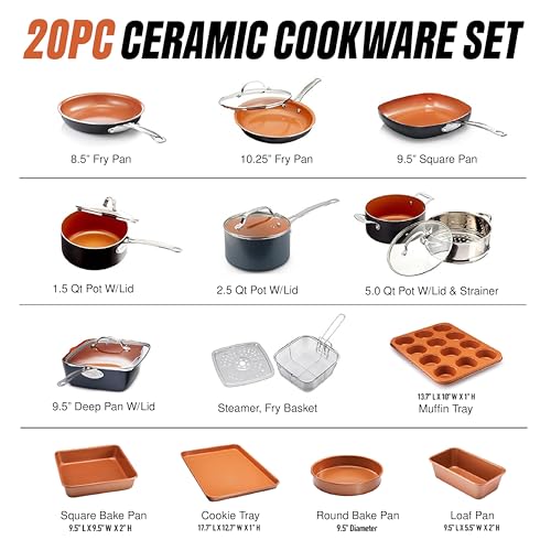 GOTHAM STEEL 20 Pc Pots and Pans Set Non Stick Ceramic Cookware, Copper | Non Toxic PFOA/PFOS/PTFE Free Ceramic and Titanium, Stay Cool Stainless Steel Handles, Dishwasher and Oven Safe - size: 20 Piece Set