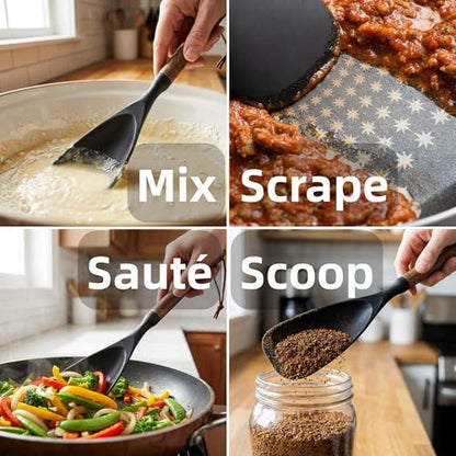 2-Pack Silicone Spoonula with Wooden Handle, BPA-Free Spatula Spoon for Nonstick Cookware, Heat Resistant Cooking Spoon for Mixing, Scraping, Scooping and Serving(Black) - color: Black