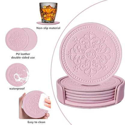 Coasters Set of 6 - PU Leather Coasters for Drinks with Holder - Pink - color: Pink