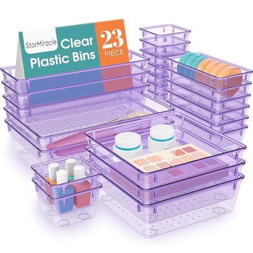 23 PCS Drawer Organizer Set, 5 Size Bathroom and kitchen organizer Trays | Bathroom and kitchen Drawer cabinet organizer Trays, Clear Storage Bins for Makeup, Jewelry, Utensils and Gadgets - color: Purple, size: 23 PCS