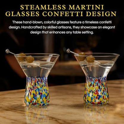 Large Stemless Martini Glasses – Set of 2-8oz Luxury Hand Blown Confetti Margarita, Martinis, Cocktails, Water, Wine, Dessert & Champagne Glasses Cinco de Mayo, Hand Blown - Mexican Confetti Glass - style: Mexican Confetti Martini Glass