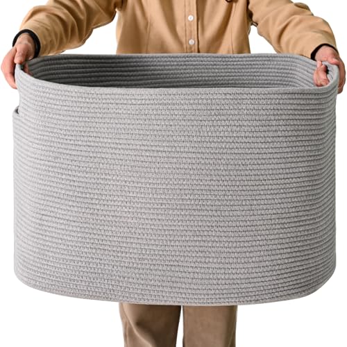 ICERZCZ Large Grey Storage Basket, Blanket Baskets for Living Room, Large Toy Basket for Storage, Woven Cotton Rope Baskets for Blankets, Clothes, Shoes, Books, Grey, 25”x16”x16” (105L) - color: Grey, size: 25”x16”x16”