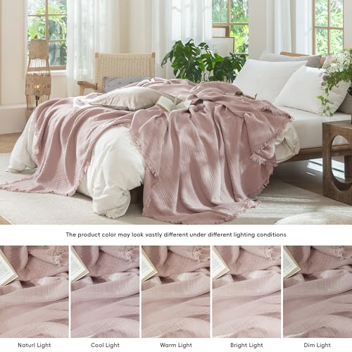 MooMee 100% Cotton Muslin Blanket, Fringed 4-Layer Gauze Bed Couch Throw | Soft Breathable Lightweight Thin Coverlet Summer Blankets for Adults, Bed & Couch All Seasons, Greyish Pink, 66" x 90" - color: Greyish Pink, size: Twin XL