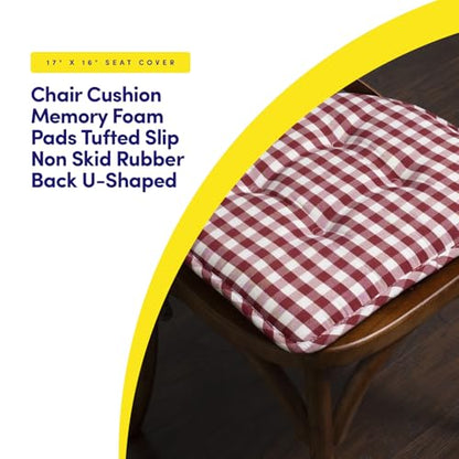 Sweet Home Collection Chair Cushion Memory Foam Pads Tufted Slip Non Skid Rubber Back U-Shaped 17" x 16" Seat Cover, 2 Count (Pack of 1), Checkered Wine/White - color: Checkered Wine/White, size: 2 Pack, style: Foam Pads