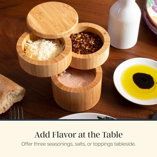 Totally Bamboo Triple Salt Cellar, 3-Tier Salt and Pepper Container | Bamboo seasoning box keeps salt, pepper, herbs, and spices easy to reach. Smooth swivel lids for quick access while cooking. - style: Three Tier Salt Box