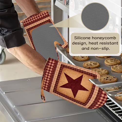 Red Plaid Western Star Oven Mitts and Pot Holders Sets Silicone Kitchen Mitts Potholders Heat Resistant 4Pcs Oven Gloves Hot Pads for Kitchen Baking Cooking - color: Red Plaid Western Star
