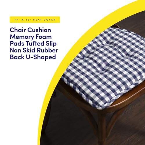 Sweet Home Collection Chair Cushion Memory Foam Pads Tufted Slip Non Skid Rubber Back U-Shaped 17" x 16" Seat Cover, 2 Count (Pack of 1), Checkered Navy/White - color: Checkered Navy/White, size: 2 Pack, style: Foam Pads