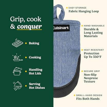 Cuisinart Mini Oven Mitts, 2-Pack, Neoprene Grip, Heat Resistant 350F | Cotton-lined, non-slip neoprene palm, ambidextrous design, ideal for smaller hands and everyday cooking - color: Indigo