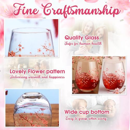Sliner 2 Pack 17oz Cherry Blossom Stemless Wine Glasses Floral Drinking Glasses Cherry Blossom Tumbler Cups for Wedding Birthday Gift Parties Supplies - style: Cherry Blossom