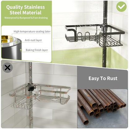 Corner Shower Caddy Tension Pole Adjustable 30.6-127.2 Inch, 4-Tier Rustproof Shower Organizer Shelf Rack, No-Drill Installation Bathroom Storage Shower Caddy Corner Pole, Black