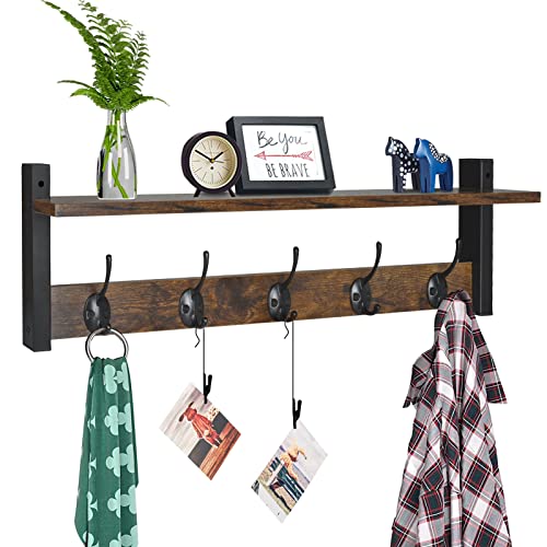 Coat Rack with Wall Mount, 24 Inch Long Entryway Wall Shelf with Hooks, Wood Hanger with Storage Shelf for Bathroom, Hallway, Rustic Brown Black - color: Rustic Brown, size: 24 Inch Long