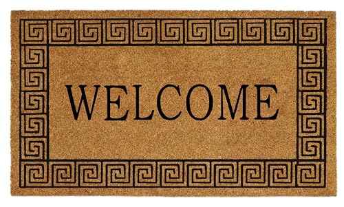 Croft&Cane Welcome Coir Doormat - 17x30 inches Durable Non-Slip Door Mat | Natural Coco Coir Doormat - Greek Key Border Low Profile Vinyl Backed Front Door Mat- Heavy-Duty Entryway Indoor Outdoor Mat - color: Welcome - Greek Key, size: 1'5" x 2'6" (Rectan
