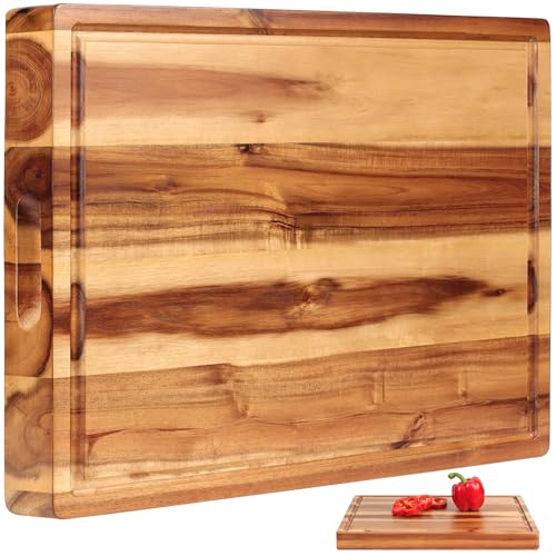 Acacia Wood Cutting Board (17x13x1.5in) and Wooden Butcher Block, Chopping Board - Reversible Multipurpose For Meat, Cheese Board, Vegetables, Bread...with Juice Groove, Cracker Holder & Inner Handles - size: 17"L x 13"W