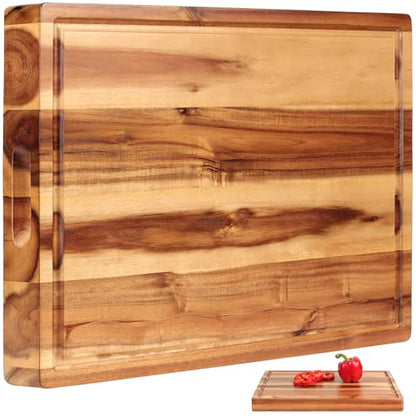 Acacia Wood Cutting Board (17x13x1.5in) and Wooden Butcher Block, Chopping Board - Reversible Multipurpose For Meat, Cheese Board, Vegetables, Bread...with Juice Groove, Cracker Holder & Inner Handles - size: 17"L x 13"W