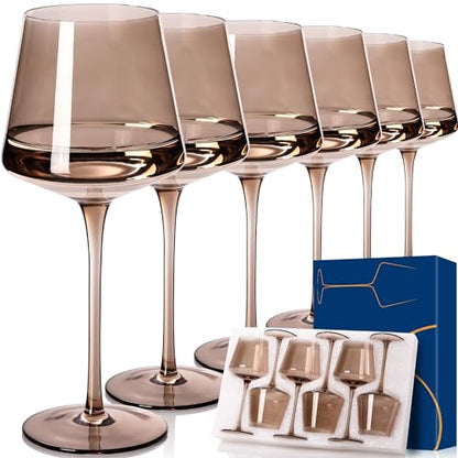 Smokey Sand Wine Glasses Set of 6,18oz Gray Wine Glassware Gift Set for Wife & Mom-Colorful Hand Blown Glass Drinkware for Red White Wine - color: Smokey