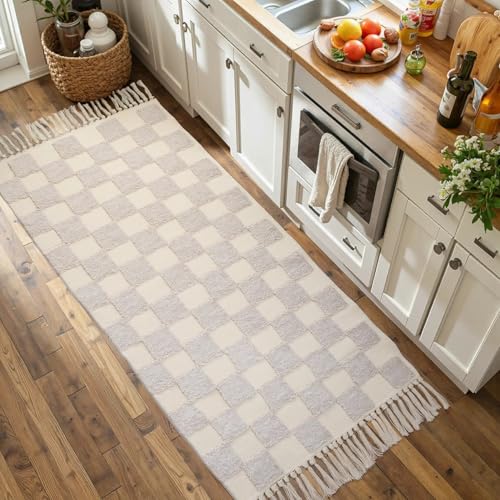 Boho Bathroom Rugs Beige Checkered Runner with Tassels, Boho Bath Mat Kitchen Runner Rug Washable, 2'x4.3' Tufted Rug - color: Checkered Cream, size: Medium(2'x4.3')