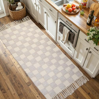 Boho Bathroom Rugs with Tassels Beige Checkered Runners for Hallways Cotton Tufted Rug Mat 2'x6' - color: Checkered Cream, size: Runner(2'x6')