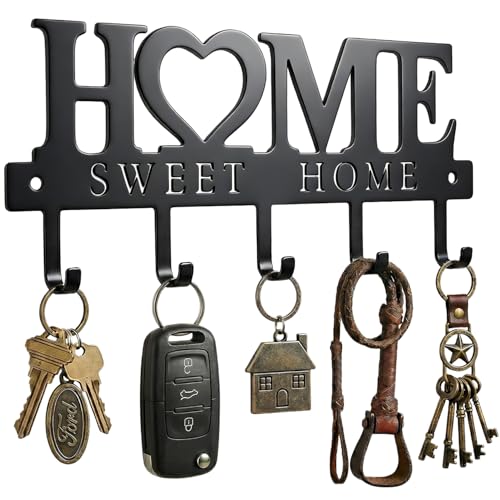 Entryway Wall Key Holder with 5 Hooks, Metal Key Rack Wall Mount for Keys, Bags and Leashes, Decorative Organizer for Entryway, Mudroom or Hallway, Sweet Home Design, 9.8 inches, Black - size: 9.8inches