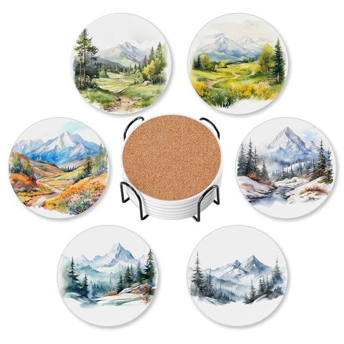 6 Pcs Drink Coasters with Holder,Mountain Landscape Watercolor Absorbent Round Ceramic Coaster for Tabletop Protection,for Coffee Cup Beverage Coasters Wine Beer Bar - color: Mountain Landscape Watercolor
