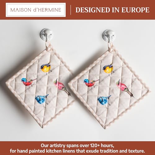 Maison d' Hermine Pot Holders 100% Cotton Potholders (8" x 8", Pack of 2) | Heat Resistant Hot Pads with Loop BBQ Cooking Baking Farmhouse Kitchen Handling Hot Pans Spring Summer - Birdies on Wire - color: 003 - Birdies on Wire, size: 8" x 8" (Pot Holder