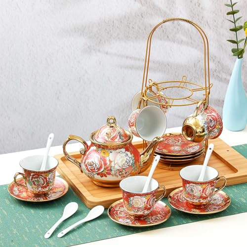 Zhehao 20 Pcs Porcelain Tea Set with Metal Holder and Spoon Adult Ceramic Tea Set European Flower Painting Teapot Cup Saucer Spoon for Women Mom Gift, Large Version (Noble Style) - color: Noble Style