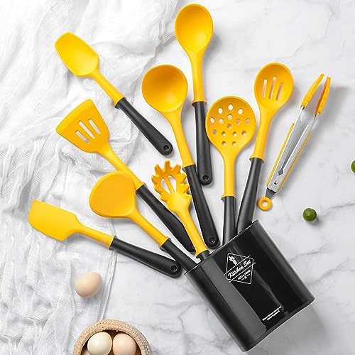 11pcs/set Yellow and Black Silicone Kitchen Utensils Set Kitchen Cooking Utensils With Holder Storage Heat Resistant Non-stick Cooking Tools Kitchen Gadgets Tools Set - color: Yellow and Black Kitchen Utensils