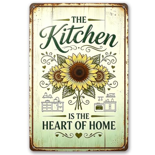 Kitchen Tin Sign, Sunflower Heart of Home Kitchen Decor, 8x12 | Sunflower Kitchen Vintage Metal Sign, Heart of Home Farmhouse Kitchen Decor, Charming Gift for Home Cook & Flower Fans - color: Sunflower Heart of Home