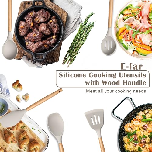 E-far Silicone Cooking Utensils Set, 5-Piece Kitchen Utensils Set with Wooden Handle for Cooking, Silicone Kitchen Nonstick Tools Spatula Turner Slotted Spoons, Nontoxic & Heat Resistant-Khaki - color: Khaki, size: 5