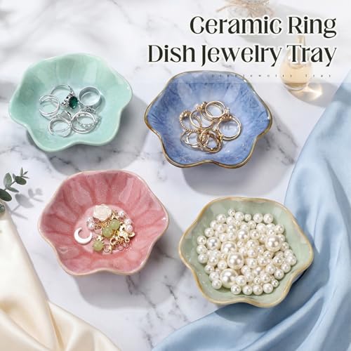 4 Pack Small Jewelry Dish Ceramic Trinket Holder Tray for Rings Earrings Key Bowl Women Mother's Day Wedding Gift (Pink,Blue,Cyan,Green) - color: Pink,Blue,Cyan,Green, style: Ceramic