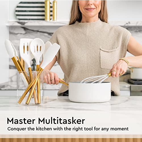 Gold Kitchen Utensils Set – 6 PC White Silicone and Gold Cooking Utensils with Spatula, Whisk, Tongs, Spoons, Cooking Tools for Nonstick Cookware – Luxury Kitchen Accessories for Home Chefs | White Silicone and Gold Cooking Utensils with Spatula, Whisk, T